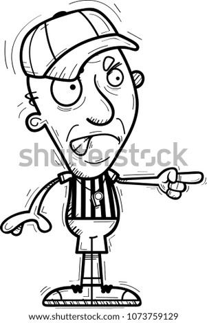 A cartoon illustration of a senior citizen man referee looking angry and pointing.