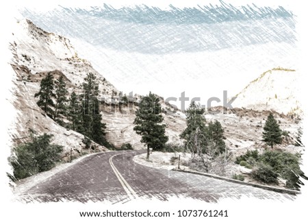 sketch effect picture of Scenic drive in Zion national park Utah