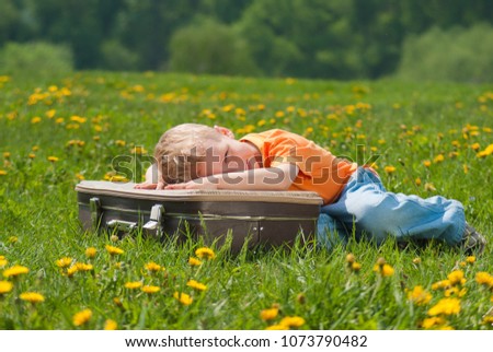 Portrait of cute smiling happy face of adorable white baby laying on brown vintage suitcase outdoor on spring bright sunny day. Horizontal color photography.