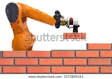 Bricklayer robot working for building brick wall. on white background.concept of robotic technologies in construction industry. 
