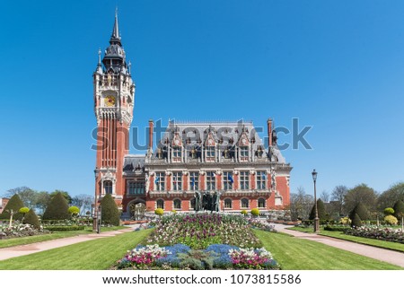 Calais, the magnificent city hall in spring, in the North of France
 Royalty-Free Stock Photo #1073815586