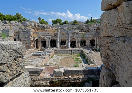 The historic ancient ruins of Corinth and Acrocorinth archaeological sites in Greece. Royalty-Free Stock Photo #1073851733