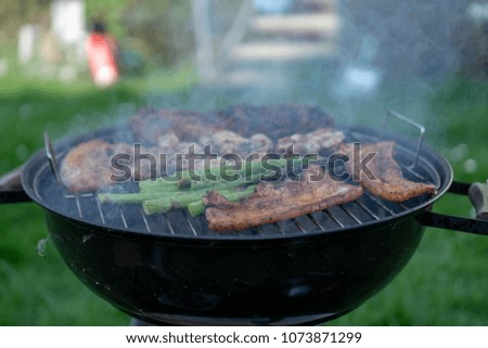 Barbecue Grill - Grilled chicken , Pork, spare ribs, sausage and vegetables asparagus on the Grill