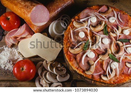 pizza gourmet, recipe and ingredients, italian food top view
