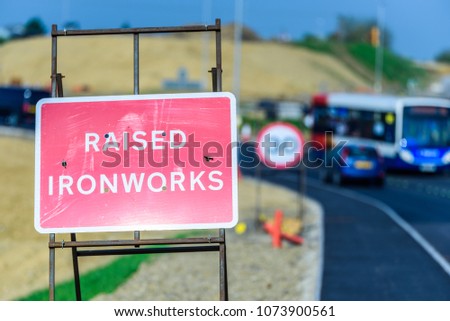 Raised Ironworks Roadworks sign on UK motorway