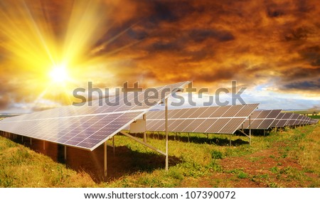 Solar panel produces green, enviromentaly friendly energy from the setting sun