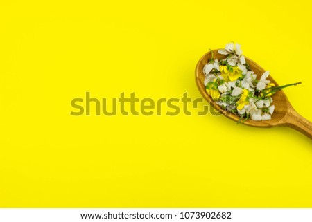 Wooden spoon isolated on a yellow background full of herbs and flowers.