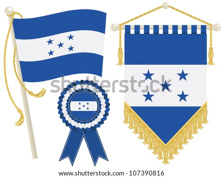 honduras flag, rosette and pennant, isolated on white