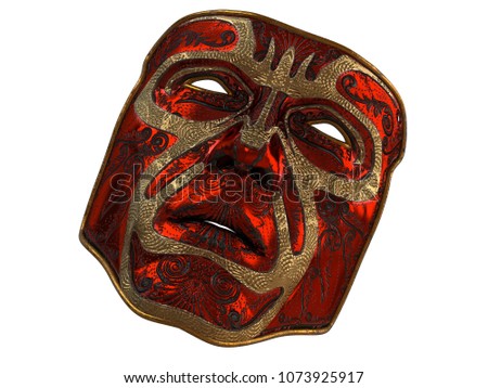 Red iron mask with ornament and gold bevels on an isolated white background. 3d illustration