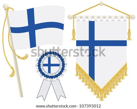 finland flag, rosette and pennant, isolated on white