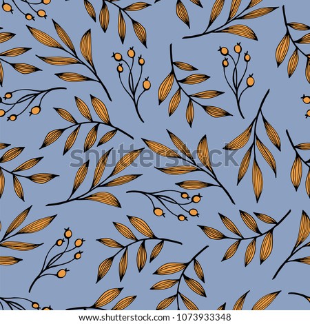 Botanical pattern of leaves and berries is delicate. Pattern of leaves. Seamless vector illustration. Blue and orange.