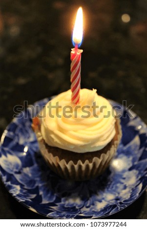 Birthday cupcake with a single lit candle