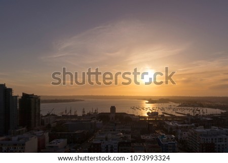 Little Italy, San Diego Harbor, and International Airport at sunset in springtime, California, USA. "America's Finest City".