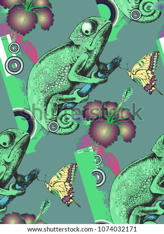 Seamless pattern of chameleon and flowers