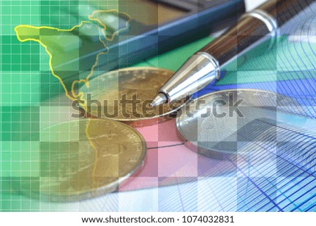 Financial background with money, calculator and map.