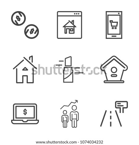 Premium outline set of icons containing home, cash, growth, business, architecture, laptop, phone, sign, estate, mobile. Simple, modern flat vector illustration for mobile app, website or desktop app