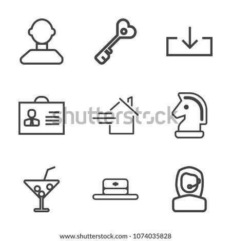 Premium outline set of icons containing chess, person, lock, head, glass, headset, juice, business, download, cocktail. Simple, modern flat vector illustration for mobile app, website or desktop app