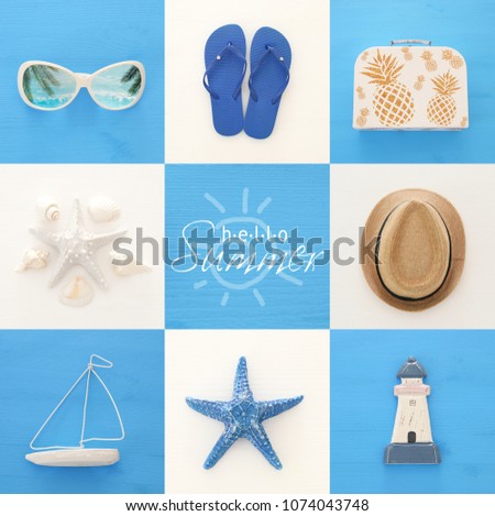 nautical collage with sea life style objects over blue and white wooden background