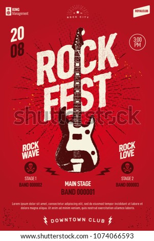 Rock festival event poster, live guitar rock concert party