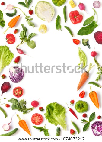 Various vegetables and fruits isolated on white background, top view, flat layout. Concept of healthy eating, food background. Frame of vegetables with space for text. Royalty-Free Stock Photo #1074073217