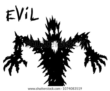 black evil demon silhouette with glowing eyes and mouth. vector illustration.
