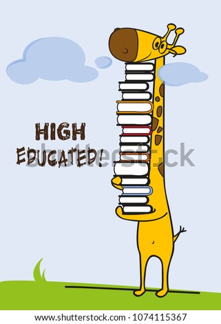 High educated giraffe student / PHD and master student /  Cute Giraffe holding books and wearing glasses / Study hard vector stock icon / Graduation card 