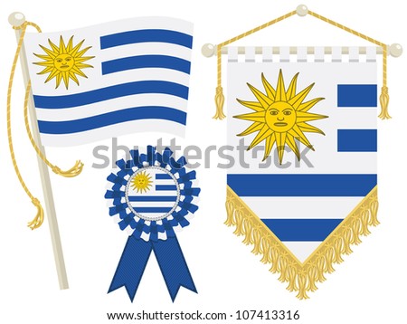 uruguay flag, rosette and pennant, isolated on white
