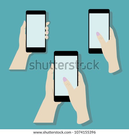 Flat design set of hand hold the smartphone and thumb touch screen.Vector illustration.