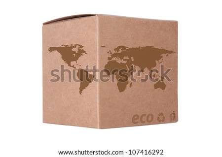 Cardboard box front side with Icon ecological map world background isolated on white