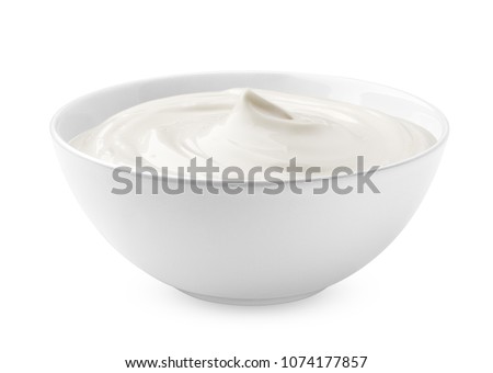 sour cream in bowl, mayonnaise, yogurt, isolated on white background, clipping path, full depth of field Royalty-Free Stock Photo #1074177857