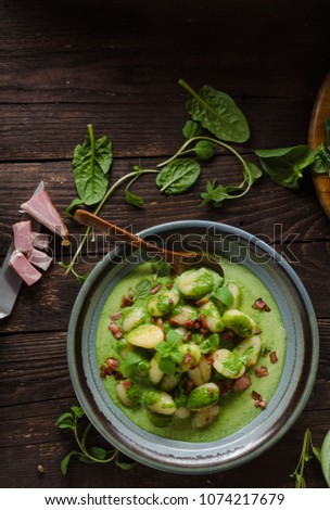 Gnocchi with bacon and basil spinach sauce, delish food photography, food advertisment