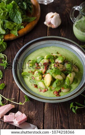 Gnocchi with bacon and basil spinach sauce, delish food photography, food advertisment