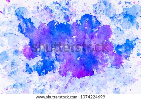 Abstract blue/violet watercolor painting art. Frame of  color splashing in paper. Hand drawn in cool tone on blue and pink background with copy space for text, Abstract art and paper texture. Artwork