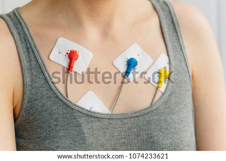 Woman wearing holter monitor device for daily monitoring of an electrocardiogram. Treatment of heart diseases Royalty-Free Stock Photo #1074233621