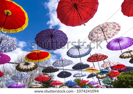 hundreds of umbrellas waiting for rain in different patterns and colors