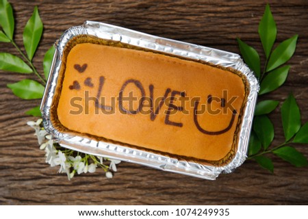 front view of delicious butter cake or pound cake with LOVE text