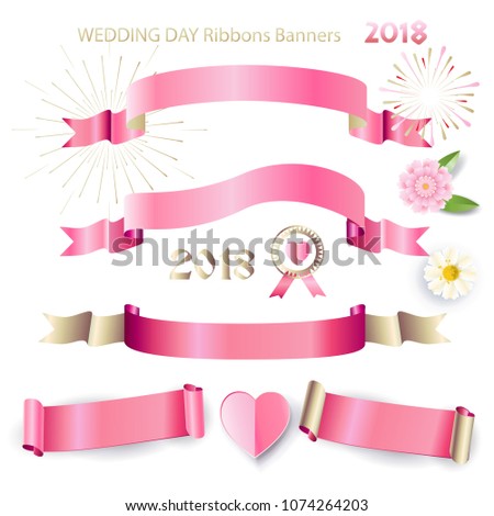 Ribbon banners, bow tie, pink satin ribbon sign, decorative floral elements set for Happy Mother's Day, Women's Day, Valentine's Day, Anniversary, Wedding day greeting card, invitation design, vector