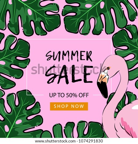 Summer sale banner with flamingo and tropical leaves background, promotion template vector illustration design.