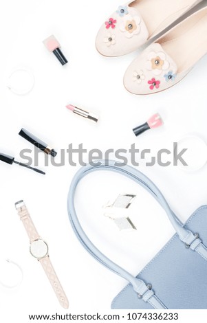 Fashion accessories, make up products, shoes and handbag on white background. Beauty and fashion concept, flat lay
