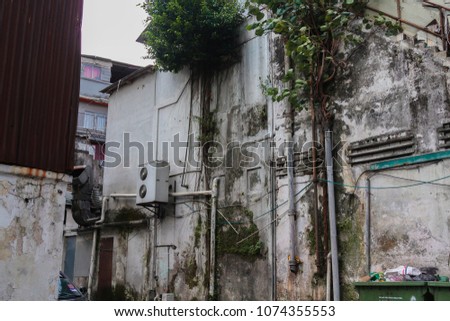 A picture of some old buildings in the middle of the Kuala Lumpur, the buildings are a little run down with some plantation growing on them. 