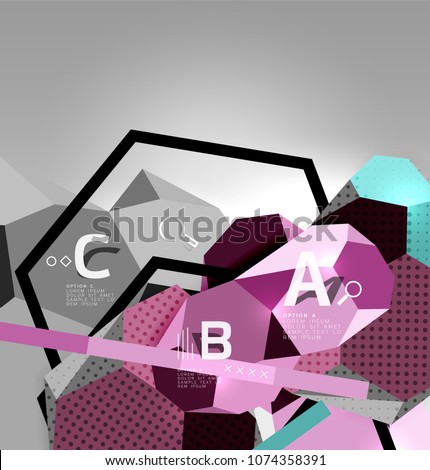 3d hexagon geometric composition, geometric digital abstract background. Techno or business presentation template with sample options. Vector illustration