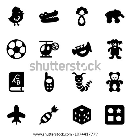 Solid vector icon set - chicken toy vector, crocodile, beanbag, elephant wheel, soccer ball, helicopter, horn, doll, abc book, phone, caterpillar, bear, plane, dart, bones, cube hole