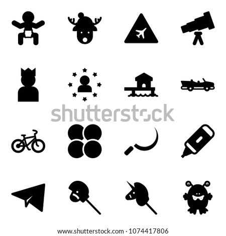 Solid vector icon set - baby vector, christmas deer hat, airport road sign, telescope, king, star man, bungalow, cabrio, bike, atom core, sickle, marker, paper plane, horse stick toy, unicorn