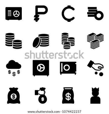 Solid vector icon set - safe vector, ruble, cent, coin, big cash, money rain, investment, bag, rich, king