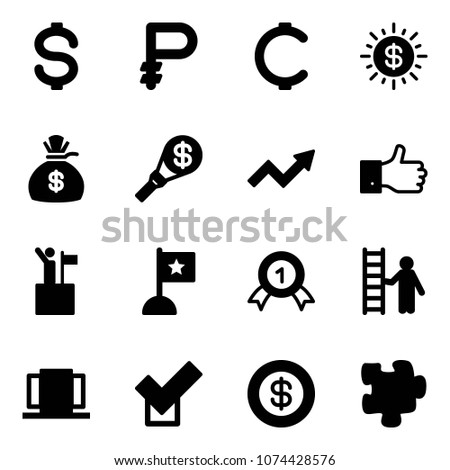 Solid vector icon set - dollar vector, ruble, cent, sun, money bag, torch, growth arrow, finger up, win, flag, gold medal, opportunity, doors, check, puzzle