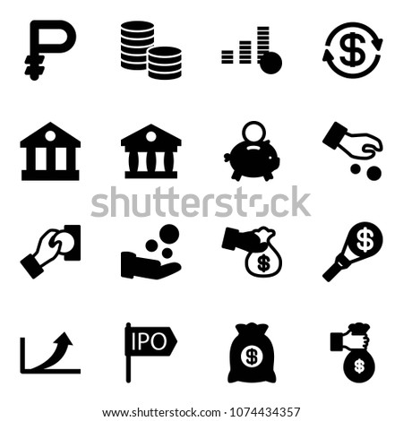 Solid vector icon set - ruble vector, coin, dollar exchange, bank, piggy, investment, cash pay, encashment, money torch, growth arrow, ipo, bag, rich
