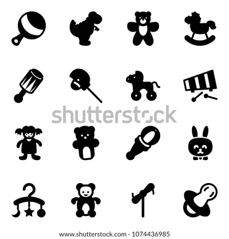 Solid vector icon set - beanbag vector, dinosaur toy, bear, rocking horse, stick, wheel, xylophone, doll, rabbit, baby carousel, windmill, soother