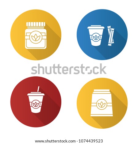 Tea drinks flat design long shadow glyph icons set. Detox herbs and cocktails. Vector silhouette illustration