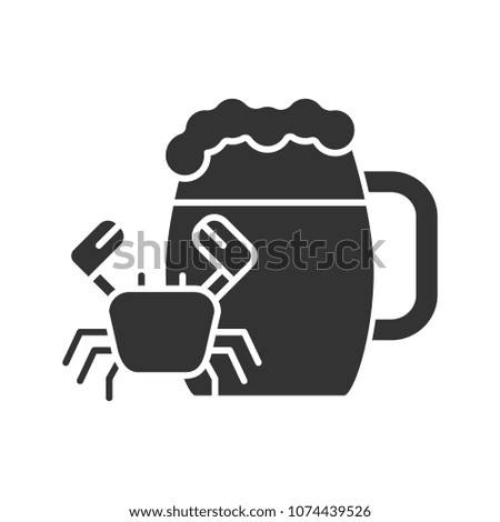 Beer mug with crab glyph icon. Ale. Silhouette symbol. Negative space. Vector isolated illustration