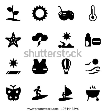 Solid vector icon set - sproute vector, sun, coconut cocktail, thermometer, starfish, storm, reading, uv cream, mat, life vest, air balloon, waves, butterfly, surfing, windsurfing, grill